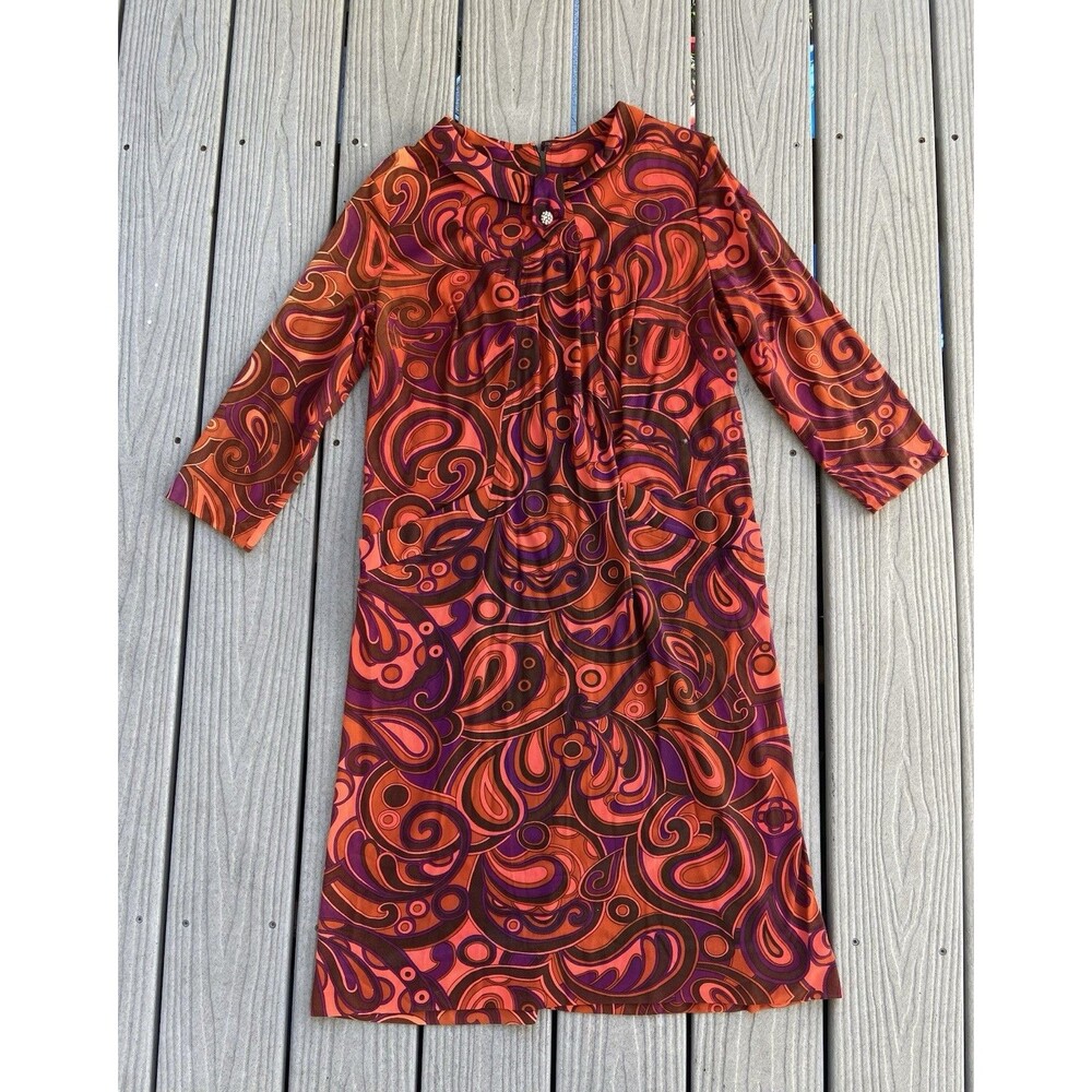 VTG 60s 70s City Scene Shift Dress Psychedelic Swirl Orange Purple Rhinestone